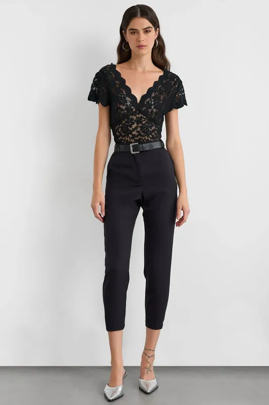 V Neck Lace Short Sleeve Blouse - Hiccup