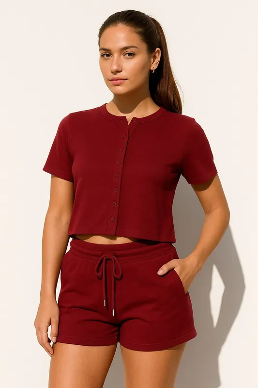 Ribbed Button-Through Short Sleeve Top and Shorts Co-ord