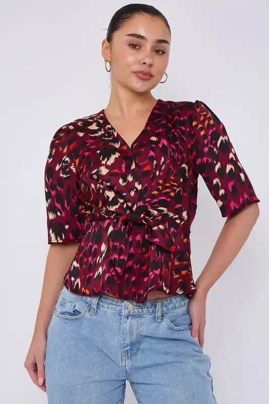 Deep Fuchsia Leopard Print Knotted Satin Top - Love Sunshine