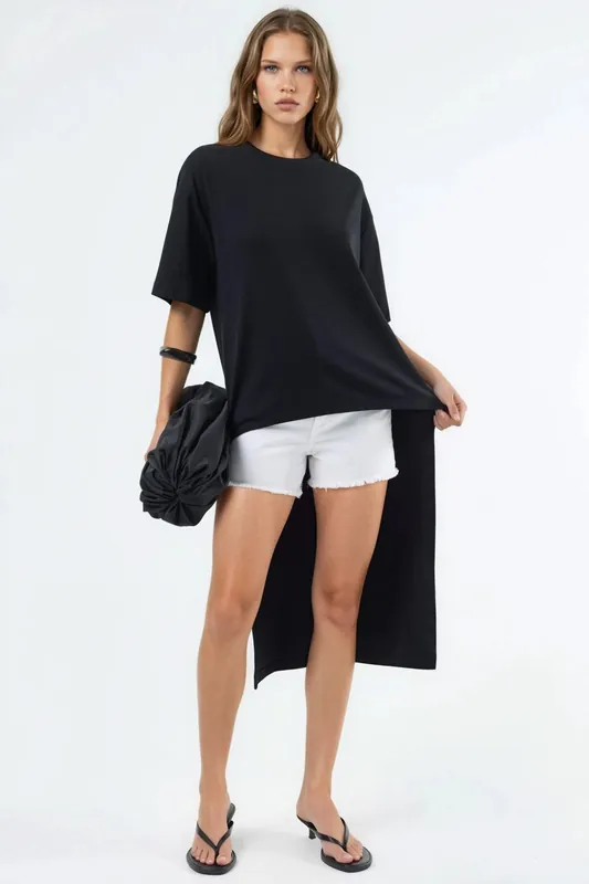 Oversized Crew Neck Tunic with Slit - Busem