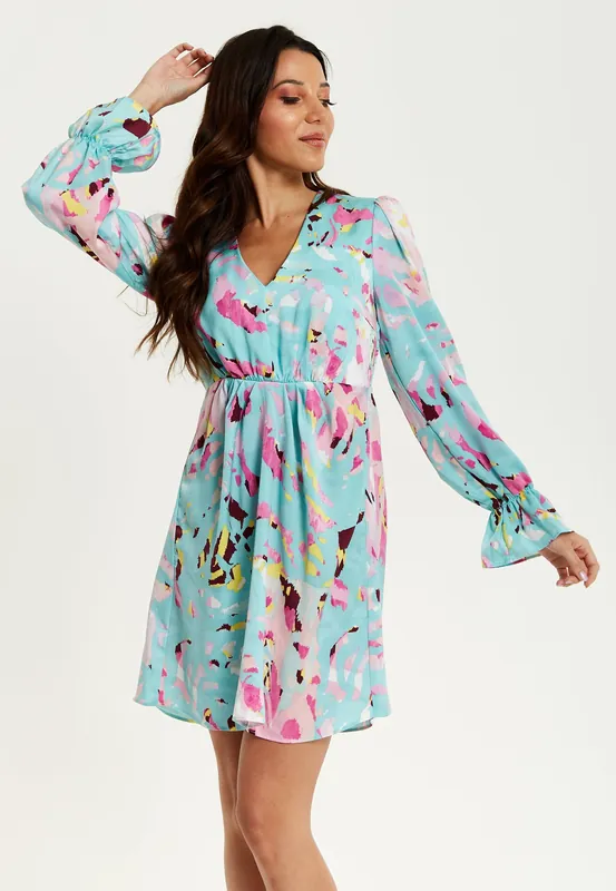 Blue Abstract Print Mini Dress With Open Back And Long Sleeves - Liquorish