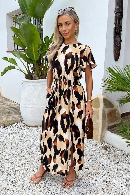 Brown Bold Leopard Print Flutter Sleeve Midi Dress - AX Paris