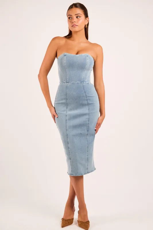 Steffie Light Denim Strapless Corset Midi Pencil Dress - Jaded Rose