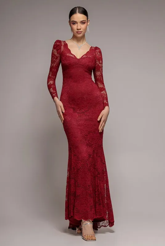 Fit & Flare Scallop Lace V Neck Maxi Dress - Goddiva