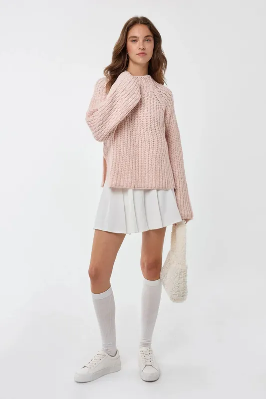 Oversized Textured Knit Sweater with Half Turtleneck - Hiccup