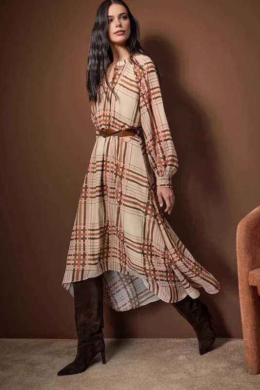 Argyle Pattern Belted Midi Lined Woven Dress - WOVCOR