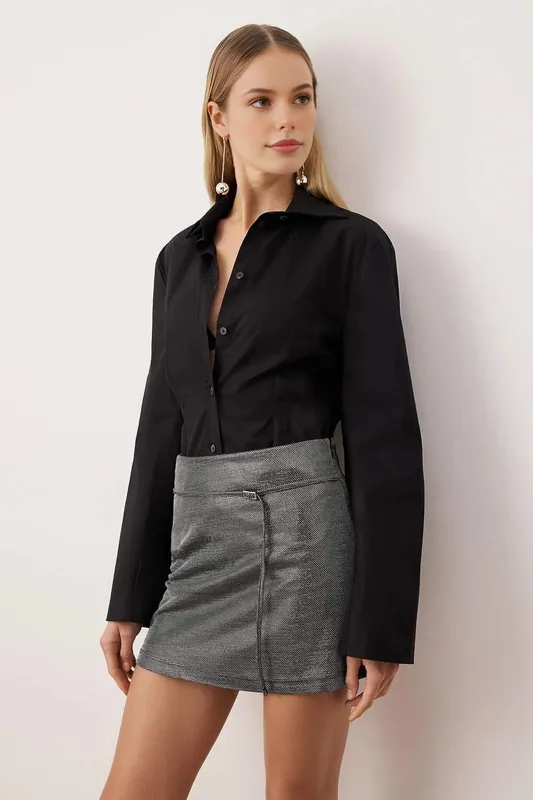 Metallic Glitter Mini Skirt with Belt Detail - WOVCOR