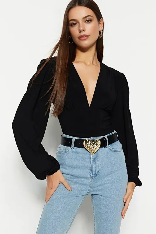 V Neck Balloon Sleeve Fitted Stretch Knit Bodysuit - WOVCOR