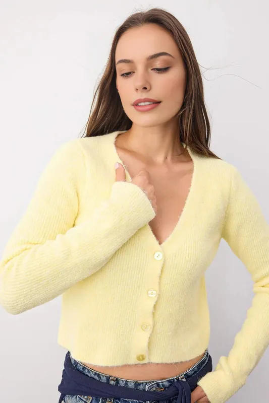 Crop Soft-Textured V Neck Knit Cardigan With Button Detail