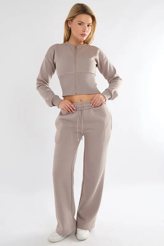 Cropped Zip Up Sweatshirt and Wide Leg Trouser Tracksuit - STYLEWISE