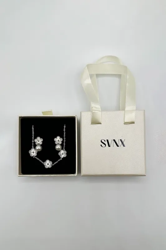 Floral Pearl Stud Earrings & Bracelet in Silver - SVNX