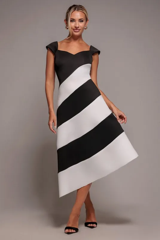 Striped Contrast Asymmetric Midi Dress - Goddiva