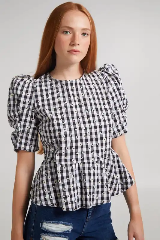 Black Black Check Tie Back Peplum Blouse - Pink Vanilla