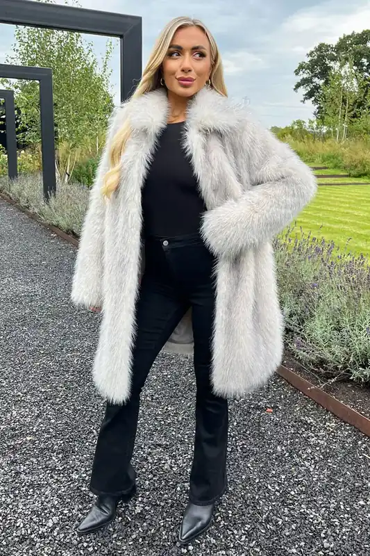 Cream Tipped Faux Fur Long Jacket - AX Paris