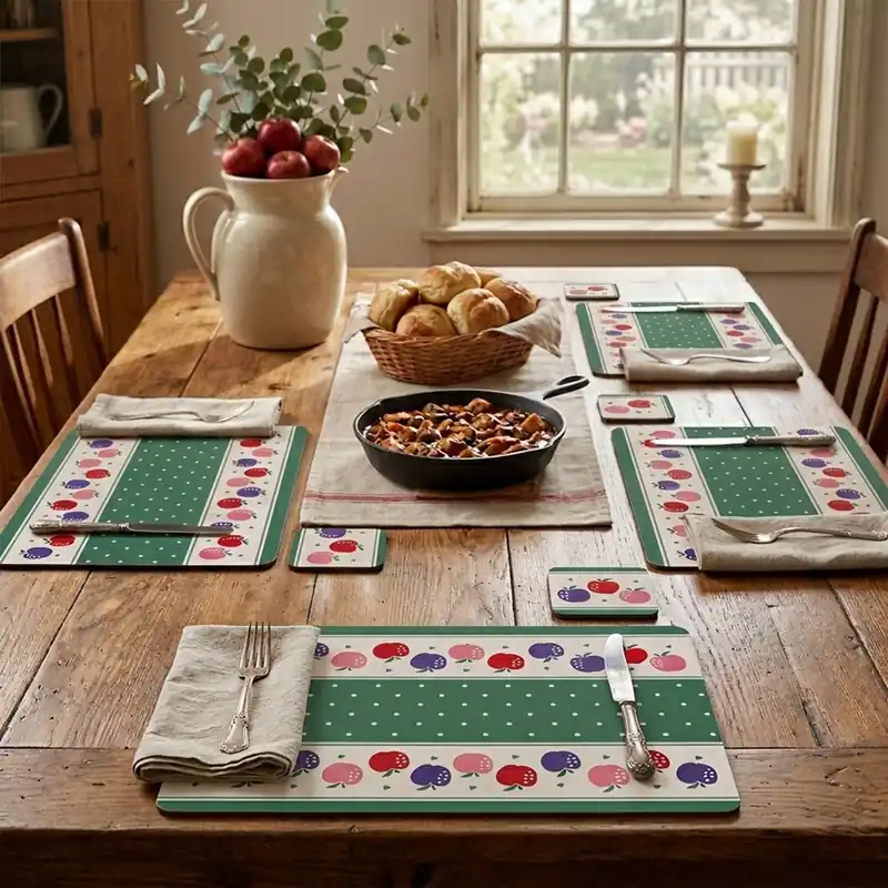 Set of Four Candy Apple Placemats and Coasters, Durable Heat-Resistant Table Mats with Matching Coasters
