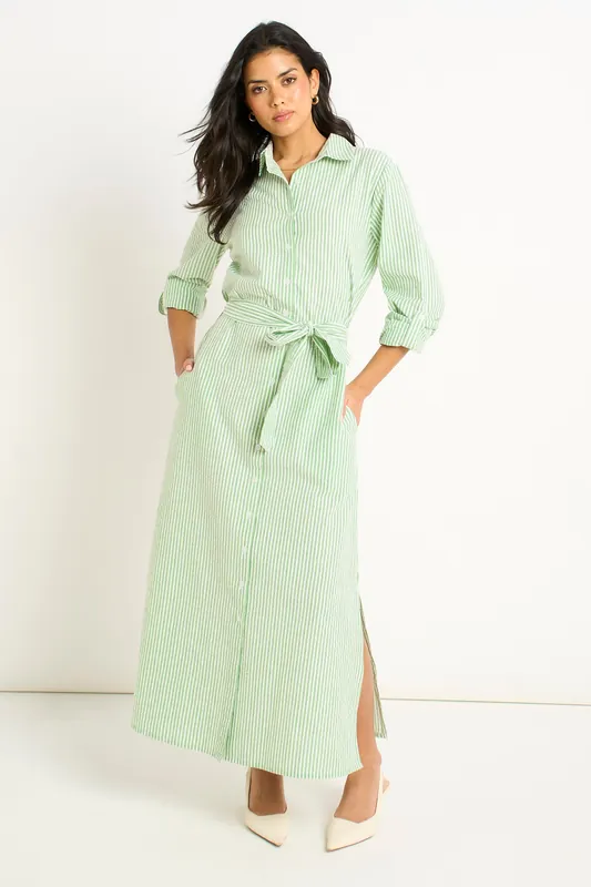 Green Long Sleeves Seersucker Stripe Shirt Dress - Gini London