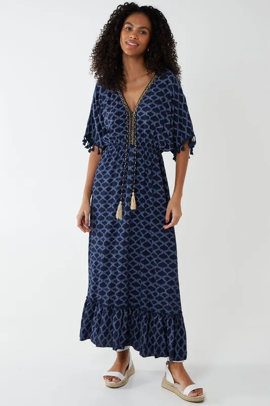 Tassel Detail Frill Hem Midi Dress - Blue Vanilla