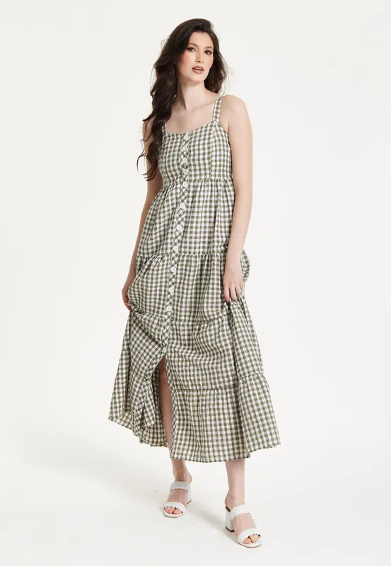 Gingham Tiered Maxi Chekered Dress - Liquorish