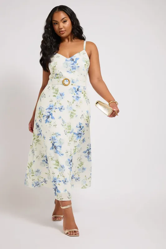 Floral Belted Linen Look Dress - Yours