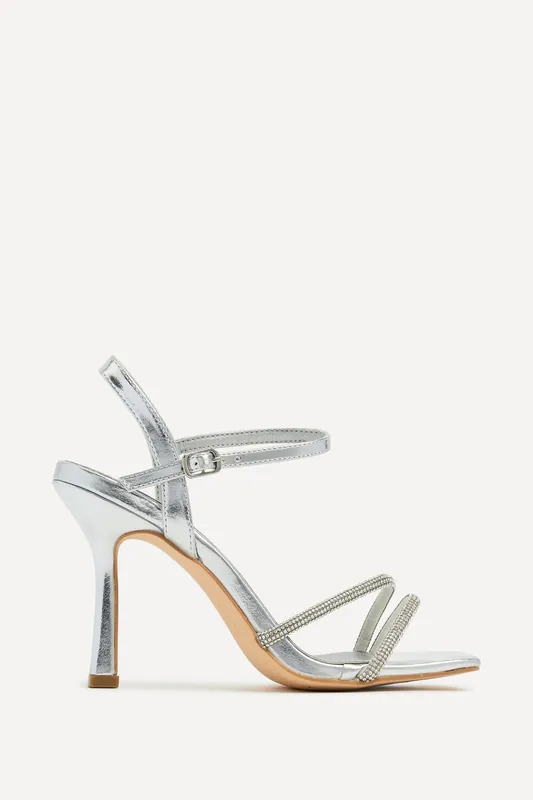 Mesmerize Silver Faux Leather Square Toe Diamonte Embellished Heel - Linzi