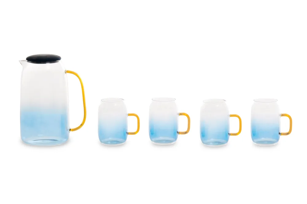 Glass Ombre Blue Pitcher & Cup Set, Delicate Glass Jug Set With Amber Handles, Spacious 1500ml Jug With Lid - Orsina