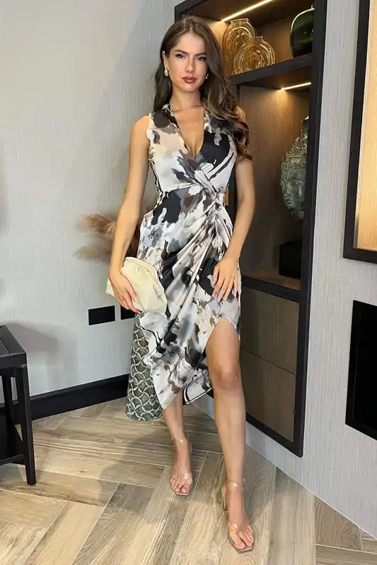 Multi Marble Print Wrap Top Gathered Skirt Midi Dress - AX Paris