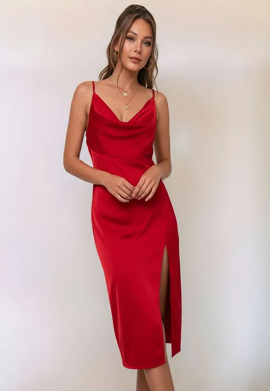 Red Satin Cowl Neck Midi Dress - Divine Grace