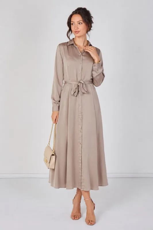 Biege Velvety Satin Maxi Shirt Dress - Love Sunshine