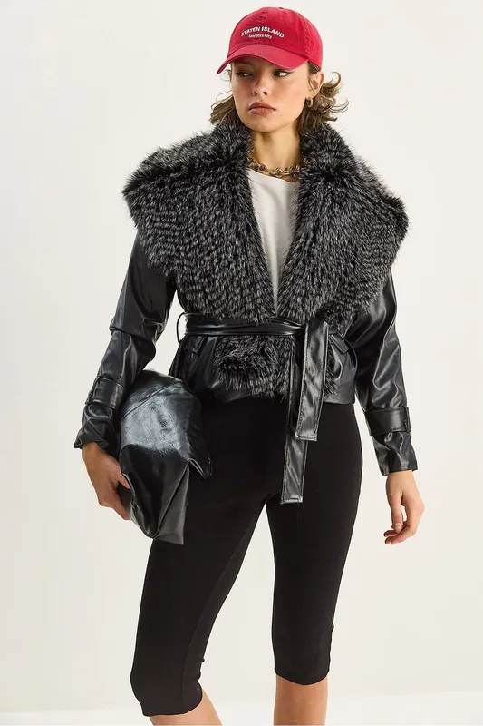Faux Leather Jacket with Faux Fur Collar - Bianco Lucci