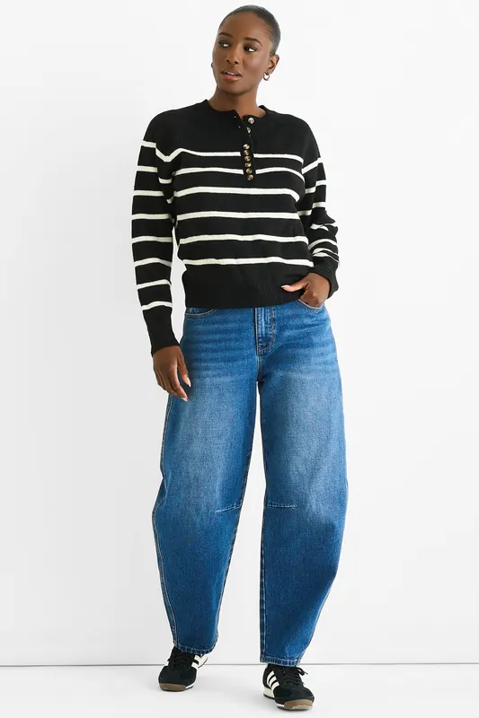 Black Stripe Button Up Loose Fit Knit Jumper - Gini London