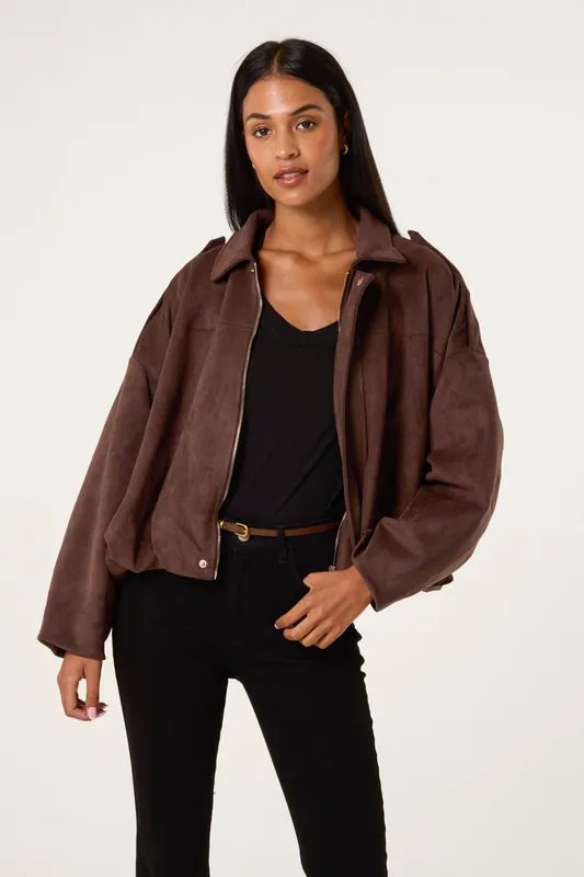 Brown Suedette Puffball Jacket - Blue Vanilla