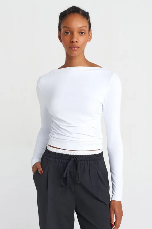 Slim Fit Boat Neck Long Sleeve Blouse - Dilvin