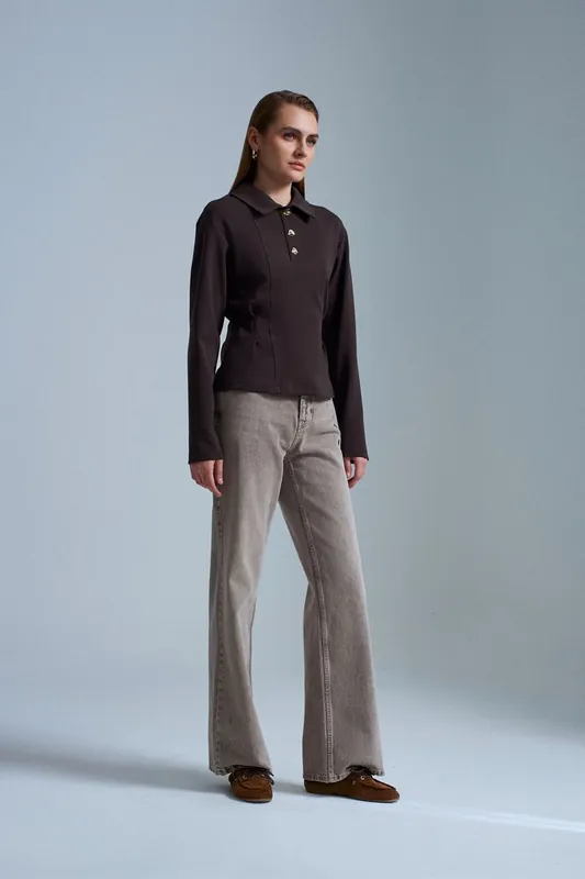 Fitted Long-Sleeve Polo Blouse