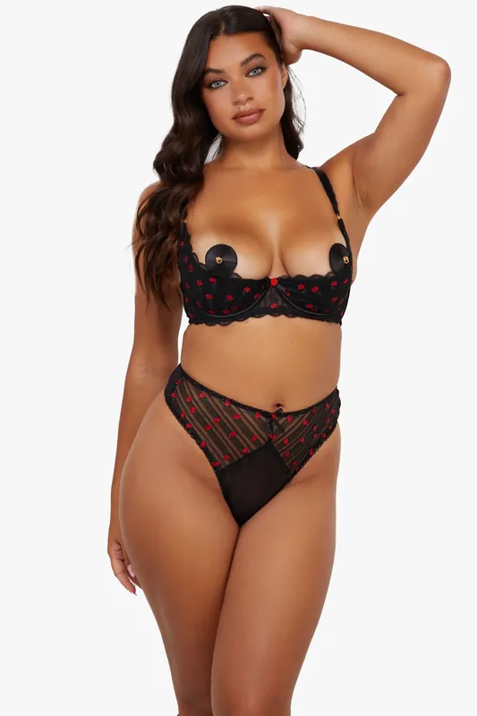 Elodie Black And Red Rosebud Embroidery Quarter Cup Bra - Playful Promises