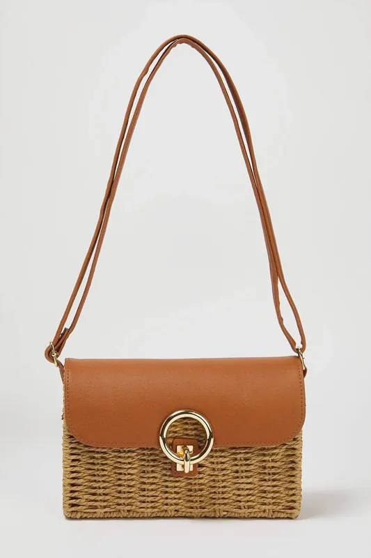 Straw and Faux Leather Flap Over Cross Body Bag - WOVCOR