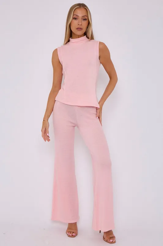Woven Knit Asymmetric High Neck Sleeveless Top and Flared Trouser Co-o