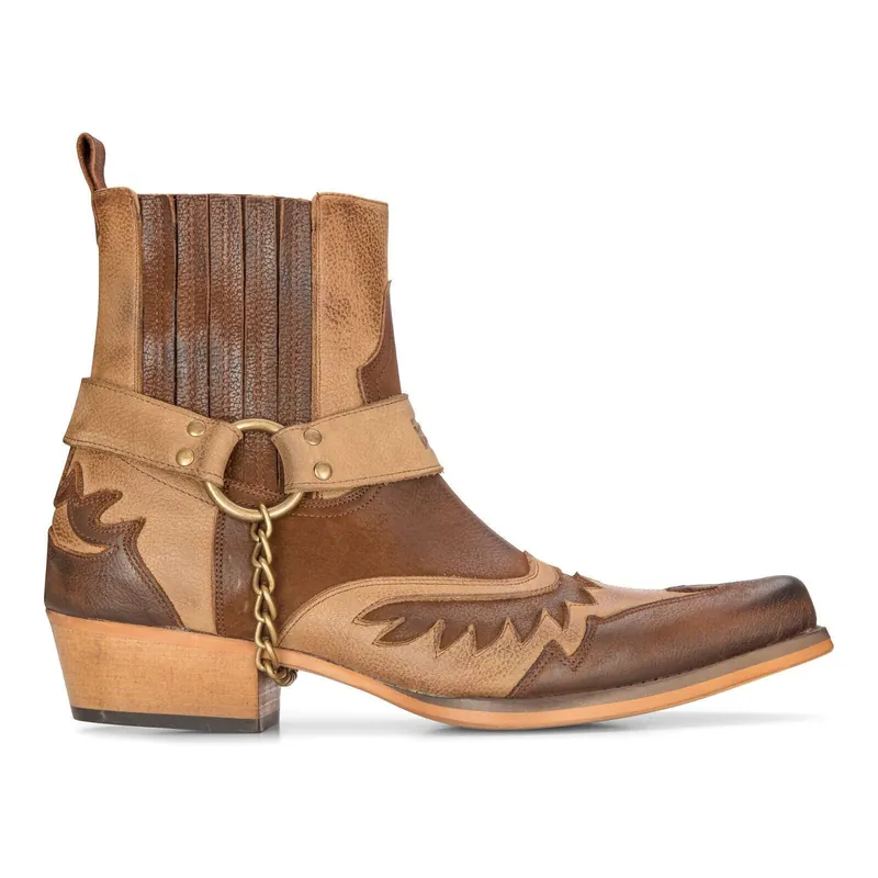 Mens Leather Cowboy Ankle Boots Brown Cuban Biker Winklepickers Western Country - Infinity Leather