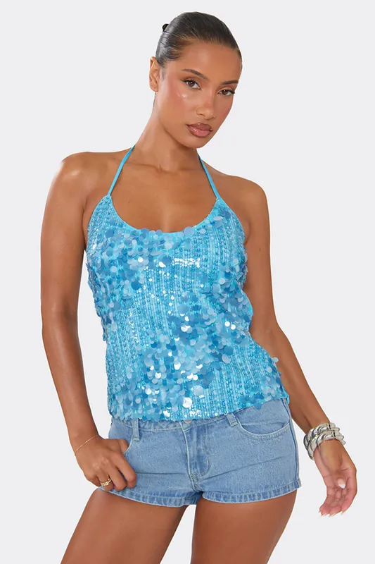 Sleeveless Halter Neck Sequin Top - EGO