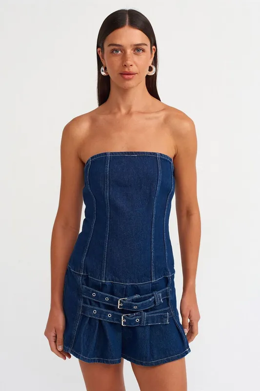 Strapless Mini Denim Dress With Belt - Dilvin