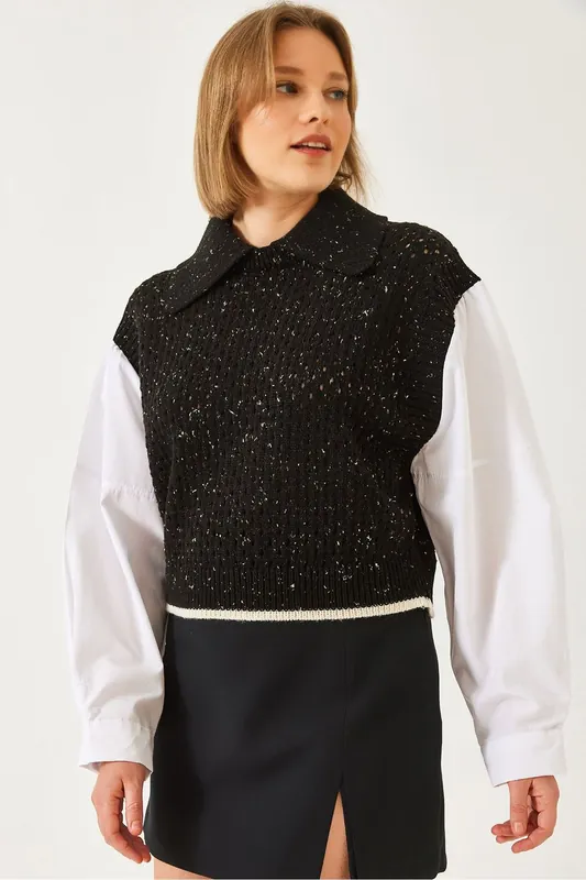 Textured Knit Crop Sweater with Shirt Collar - Bianco Lucci