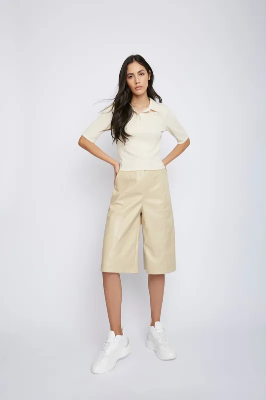Fitted Button Up Polo Top in Dark Cream - Shnoo