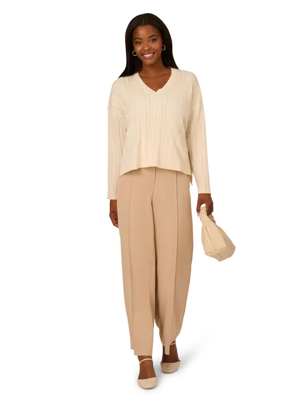 V-Neck Pointelle Long Sleeve Sweater
