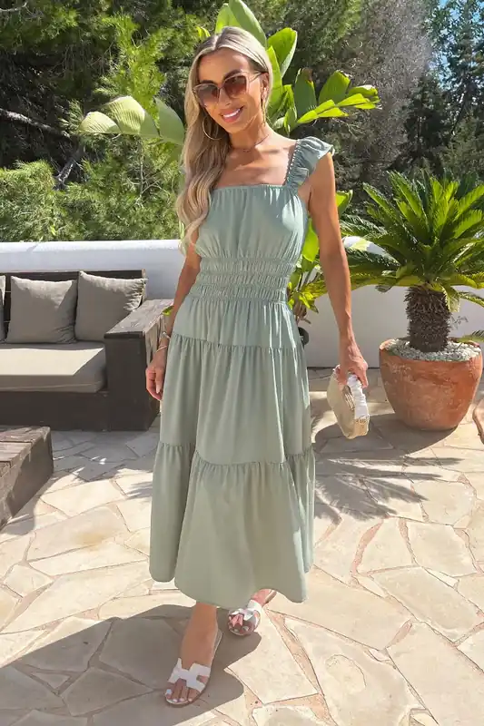 Duck Egg Frill Strap Smock Midi Dress - AX Paris