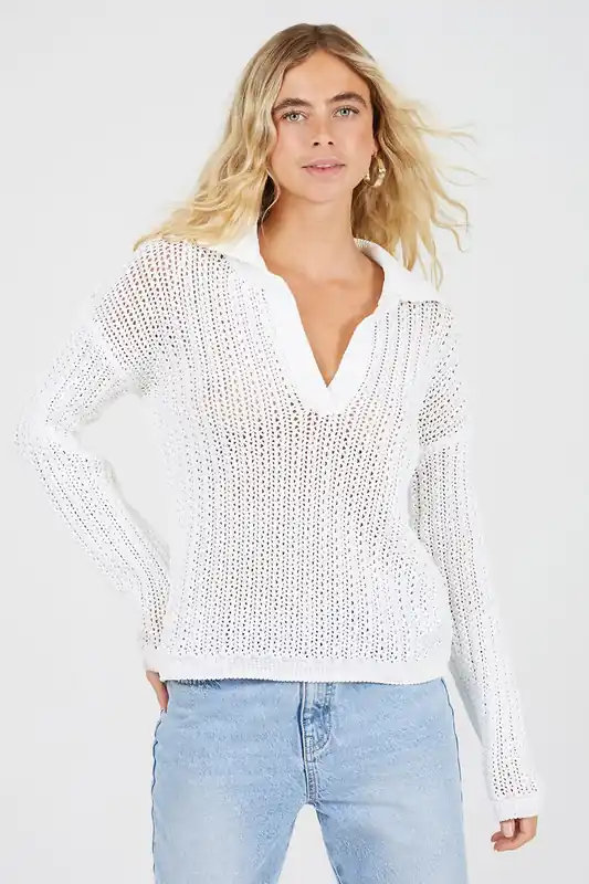 Collared V-Neck Open Mesh Knit Jumper