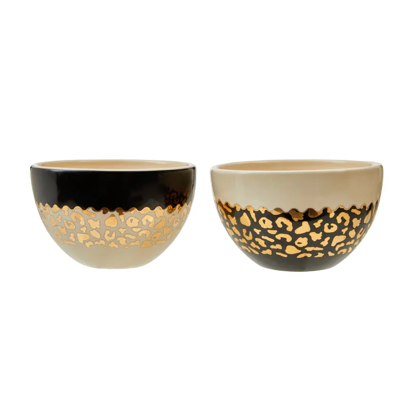 Set of 2 Stoneware Bowls With Leopard Pattern,Golden Highlighted Bowls, Salad Bowls With Contrasting Borders - Orsina
