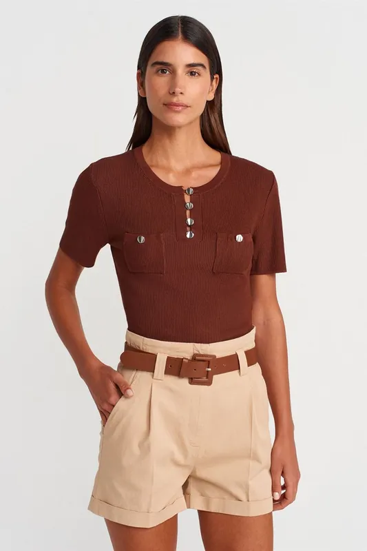 Ribbed Knit Button-Detail Blouse