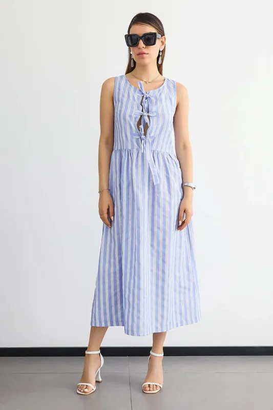 Striped Sleeveless Tie-Front Midi Dress