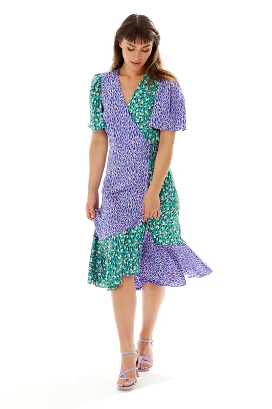 Multi Print Midi Wrap Dress in Contrast Colours - Liquorish