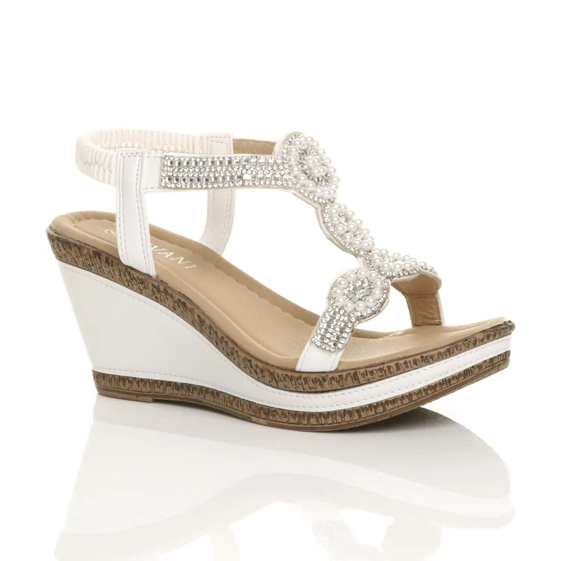 High Wedge Heel Diamante T-Bar Slingback Sandals