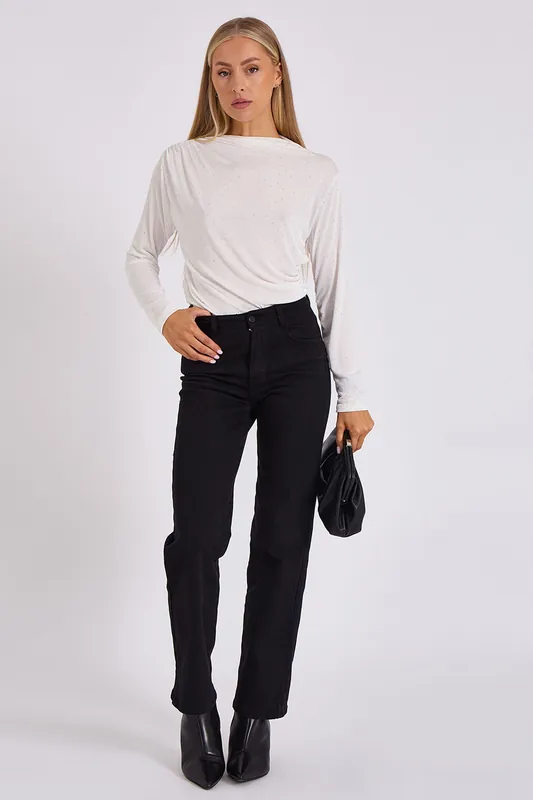 White Diamante Stud Cowl Front Bodysuit - Gini London